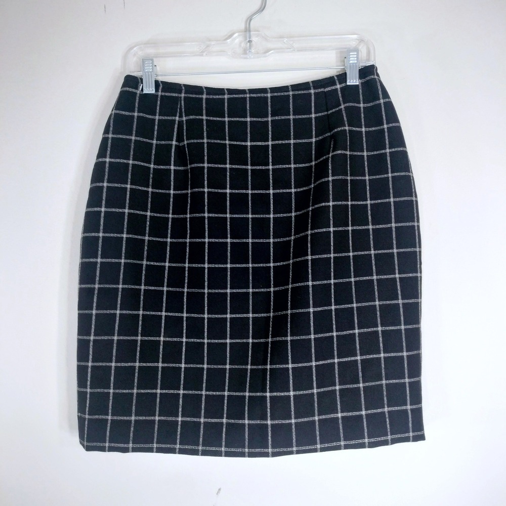Harris Wallace Vintage Black Pencil Skirt; 100% Wool Windowpane Plaid, Lined